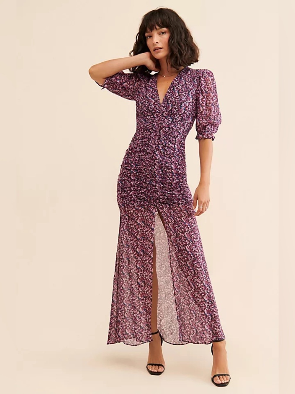 SAYLOR Blossom Ditsy Floral Chiffon Ruched Puff Sleeve Midi Dress Sz XS
